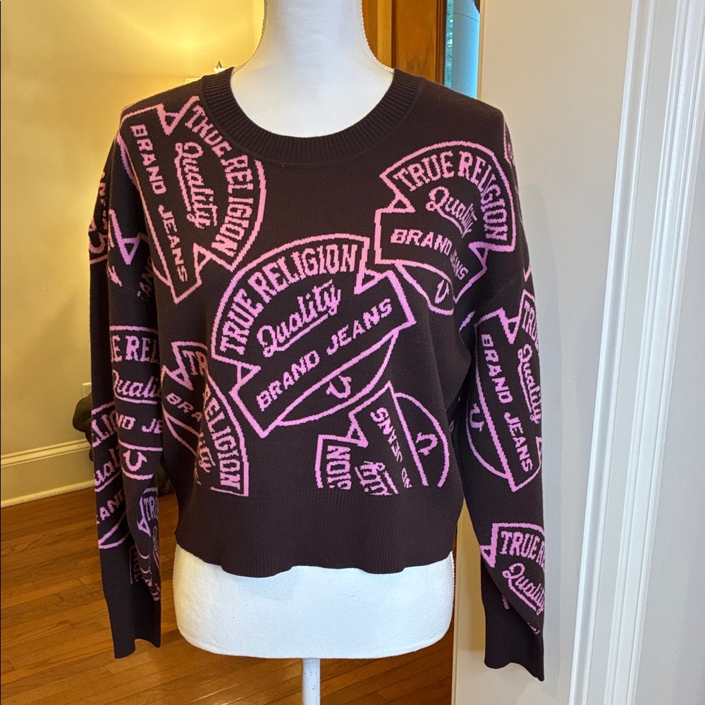 True Religion Brown and Pink Crew Neck Monogram Jacquard Sweater